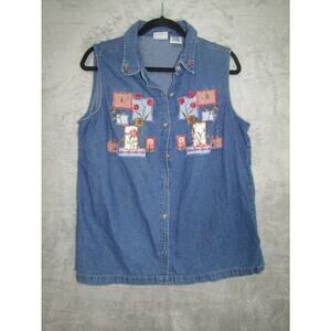 Bobbie‎ Brooks Denim Vest 14W 16W Floral Embroidered Chambray Jean Shirt Y2K